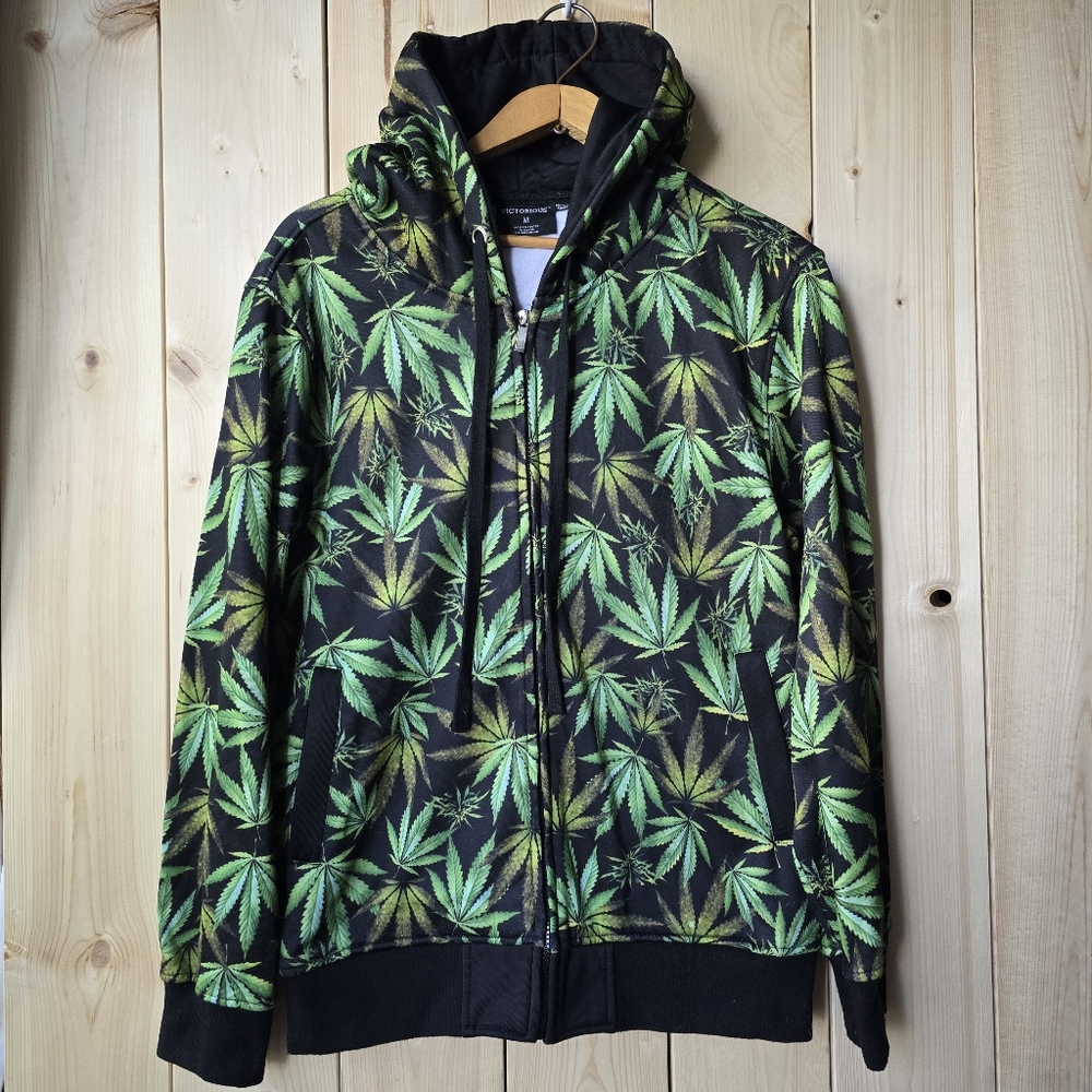 Victorious Marijuana Green Leaf Pot Pattern Zip Up Sweater Hoodie Mens Medium